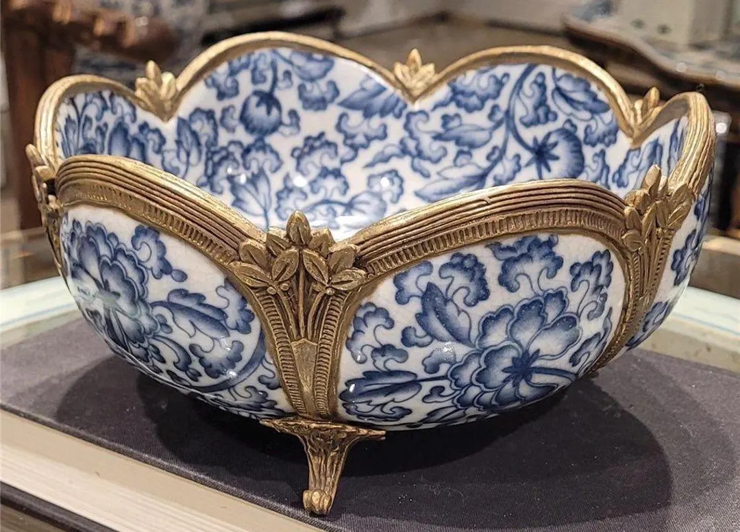 Chinoiserie Blue and White Small Bowl,Planter with Bronze Ormolu | Etsy (US)