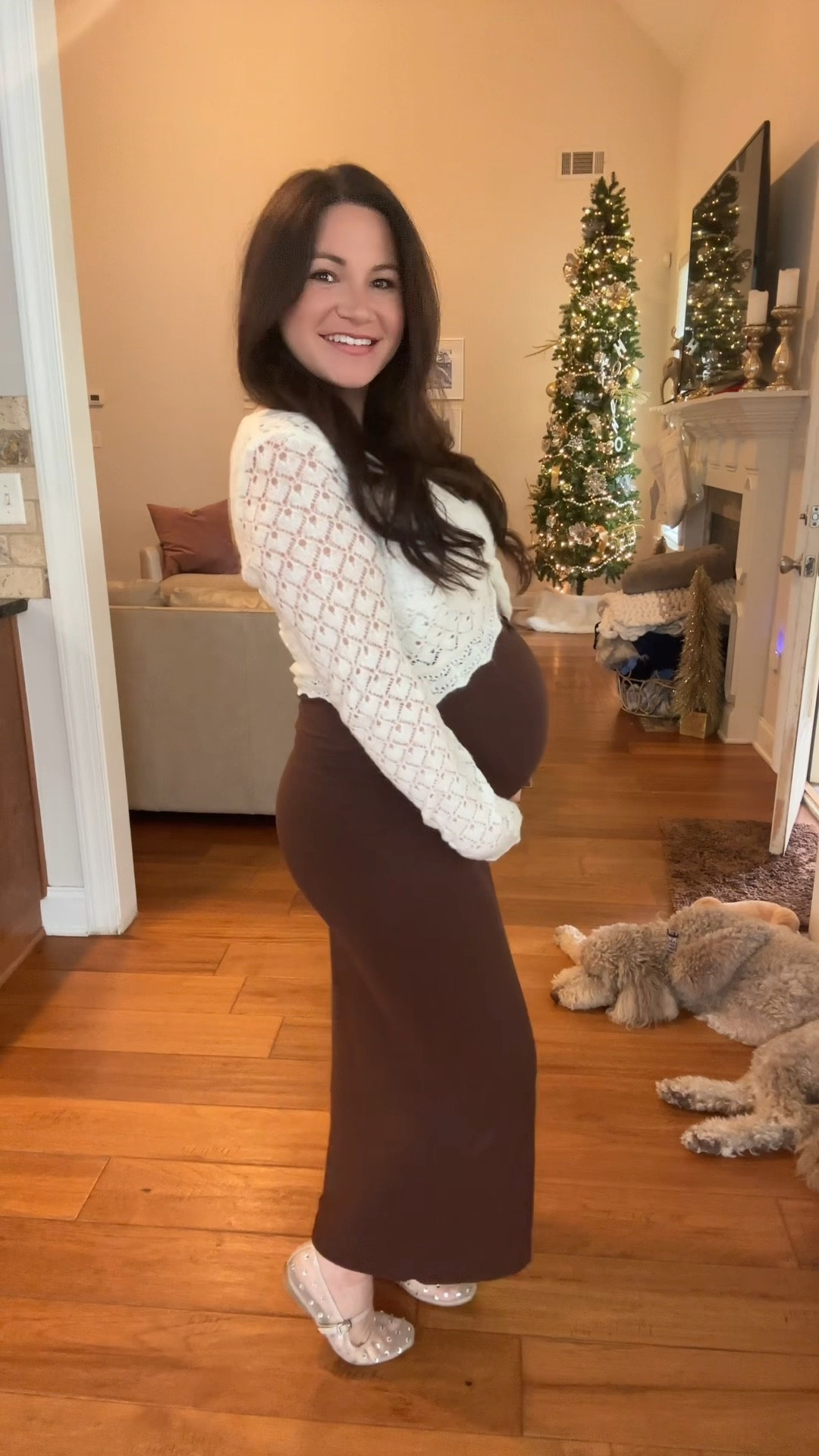 I wanted to wear boots so bad but it’s 70° in GA today. Thanksgiving ootd - 31 weeks pregnant #3rdtrimester 
American eagle | flats | maxi skirt | holiday outfit | knit sweater | Black Friday sale 

#LTKBump #LTKFindsUnder50