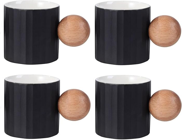 Ceramic Espresso Cups Set of 2, 2 oz Mini Espresso Cups, Round Wooden Handle Stripes Demitasse Cu... | Amazon (US)