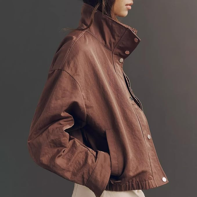 Womens Lightweight Bomber Jacket Funnel Neck Zip Up Casual Coat | Relaxed Fit, Dropped Shoulders,... | Amazon (US)