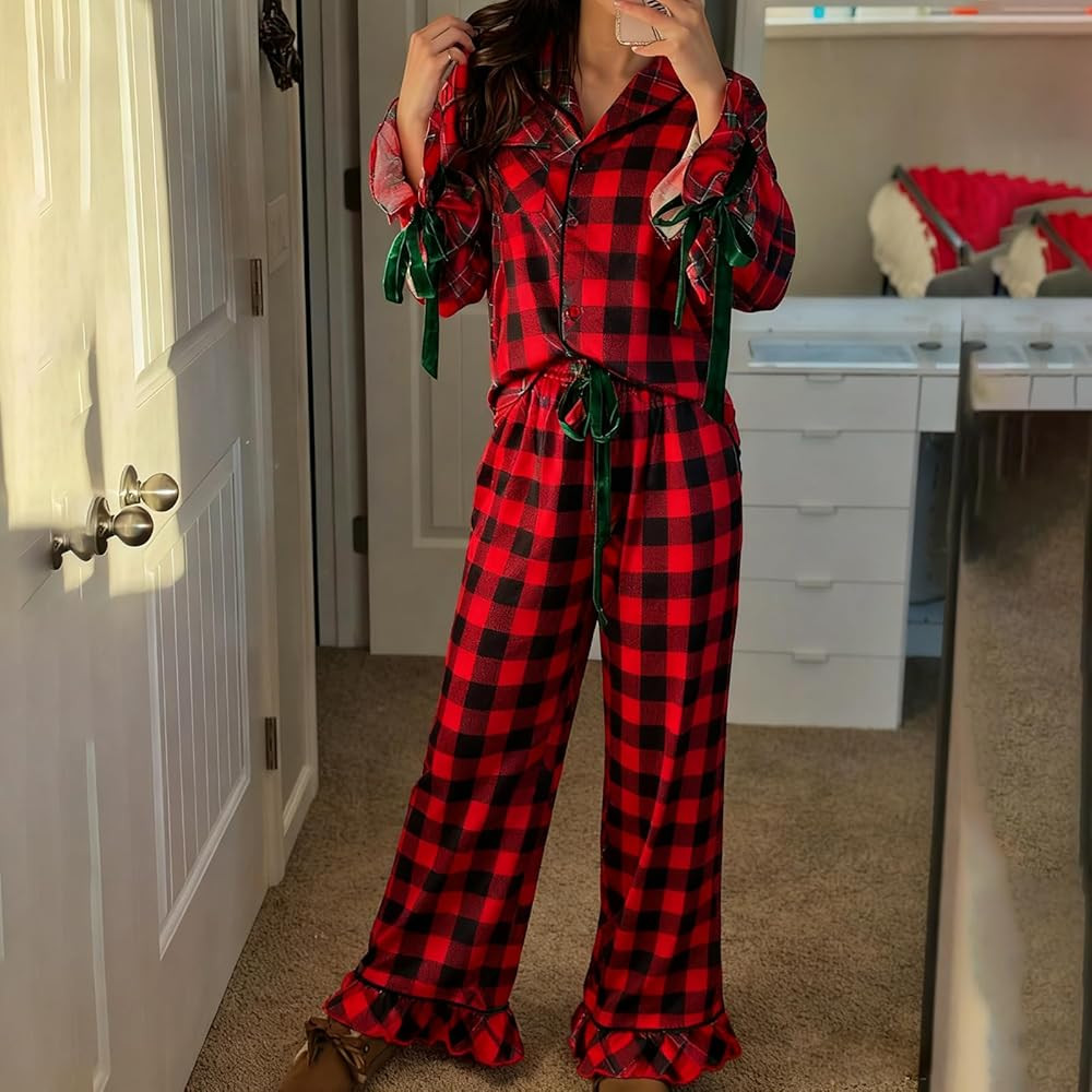 Luckinbaby Cute Christmas Pajamas for Women Satin Silk Bow Pj Set Long Sleeve Shirt and Pants Gingham Lounge Sleepwear Set | Amazon (US)