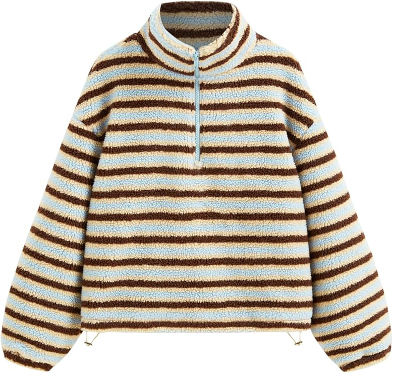 CIDER Fleece Stripe Stand Collar Drawstring Half Zip Oversized Sweatshirt | Amazon (US)