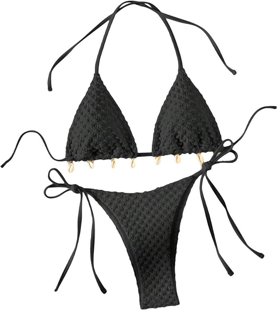 GORGLITTER Women's 2 Pieces String Bikini Triangle Halter High Cut Thong Bikini Set Bathing Suit | Amazon (US)