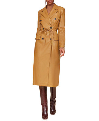 Women's Double-Breasted Belted Faux-Leather Coat | Macy's