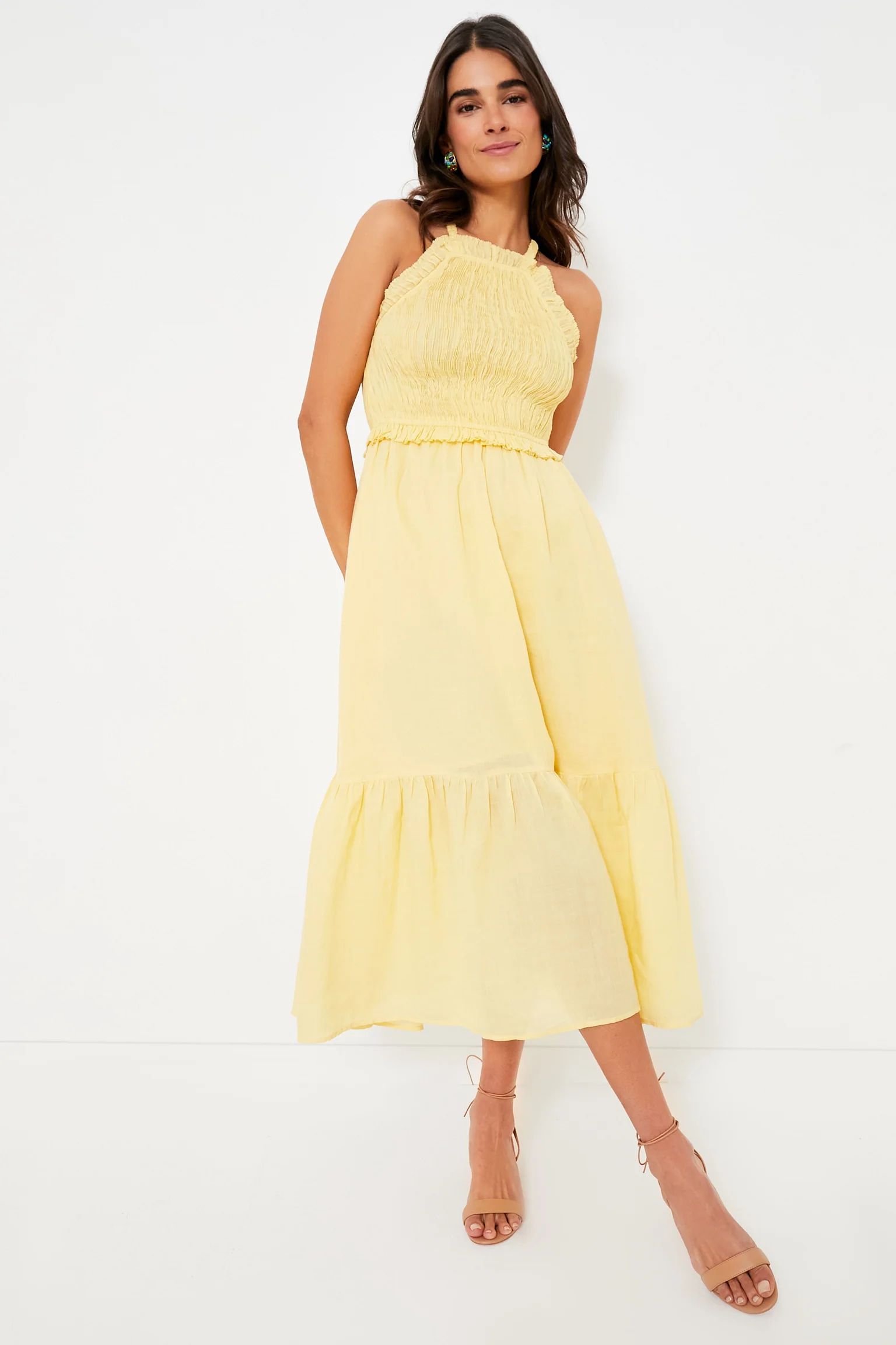 Yellow Cole Smocked Ramie Midi Dress | Tuckernuck (US)