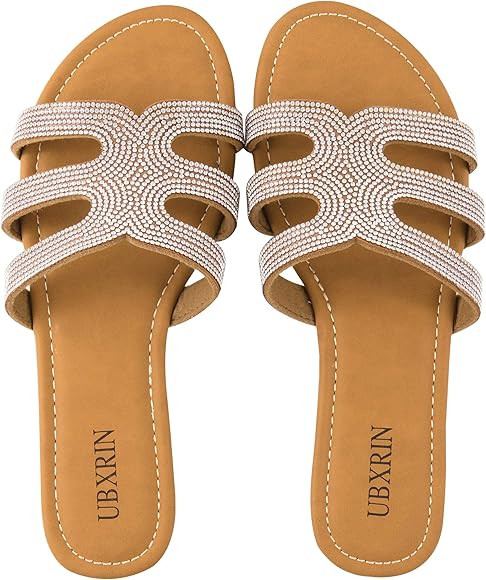 UBXRIN Women's Slide Flat Sandals with Rhinestones Open Toe for Summer | Amazon (US)