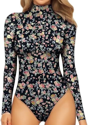 MANGOPOP Women's Mock Turtle Neck Long Sleeve Tops Bodysuit Jumpsuit | Amazon (US)