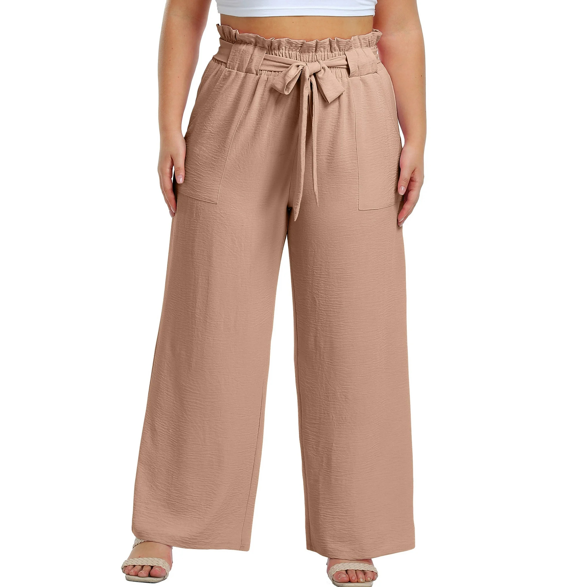 Cueply Womens Wide Leg Pants Plus Size Elastic Tie Knot Lounge Pants Loose Trousers with Pockets | Walmart (US)