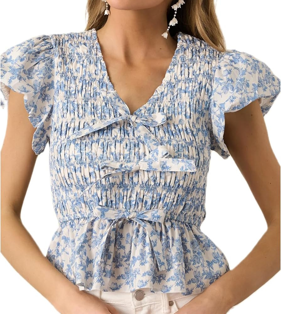 Women Y2K Smocked Babydoll Top Cute Floral Puffy Short Sleeve Peplum Shirred Shirt Summer Going O... | Amazon (US)