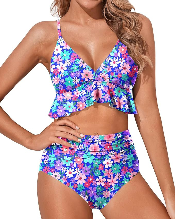 Tempt Me Women Two Piece Swimsuits High Waisted Bikini Set Ruffle Flounce Tummy Control Bottoms B... | Amazon (US)