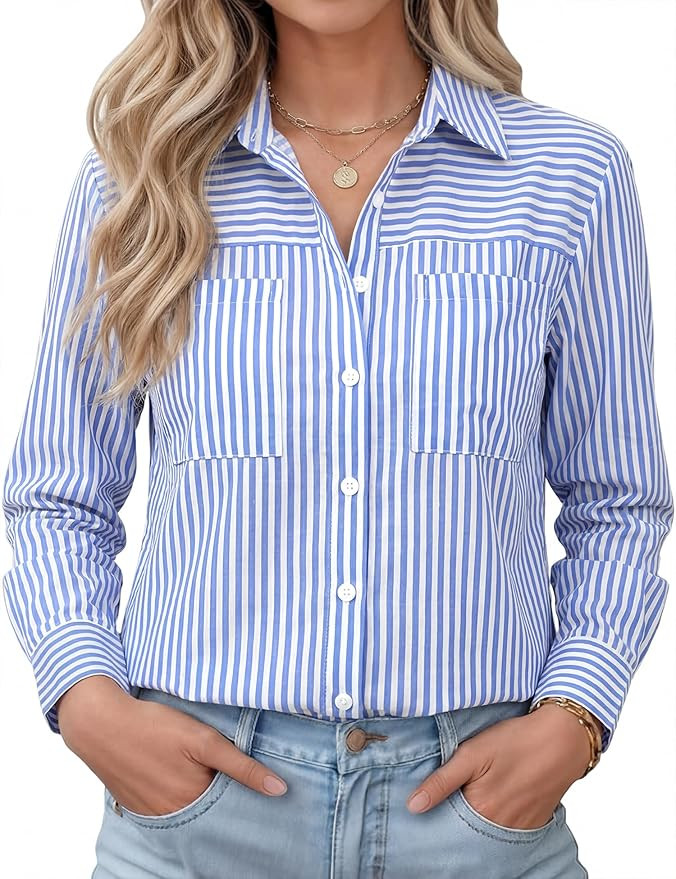 Kistore Womens Button Down Shirts Striped Linen Long Sleeve Blouses Business Casual Office Work T... | Amazon (US)