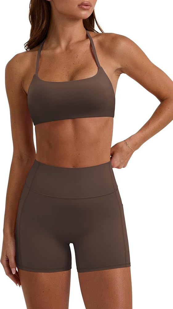 OMKAGI 2 Piece Workout Sets for Women Open Back Strappy Sports Bra Matching Gym Outfits with Pock... | Amazon (US)