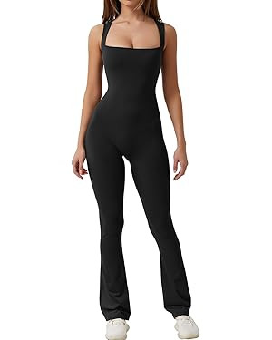 QINSEN Flare Jumpsuits for Women Strappy Square Neck Bodycon Full Length Long Pants Casual Playsu... | Amazon (US)