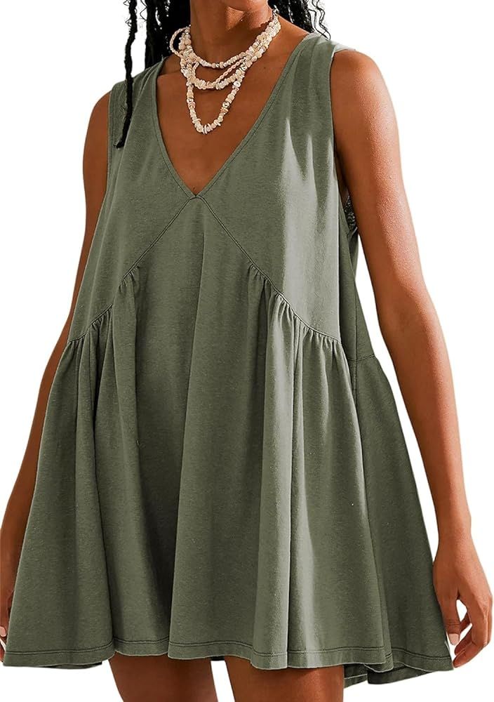 Sundresses for Women 2024 Sleeveless Mini Short Summer Dresses Casual Loose Beach Sundress | Amazon (US)