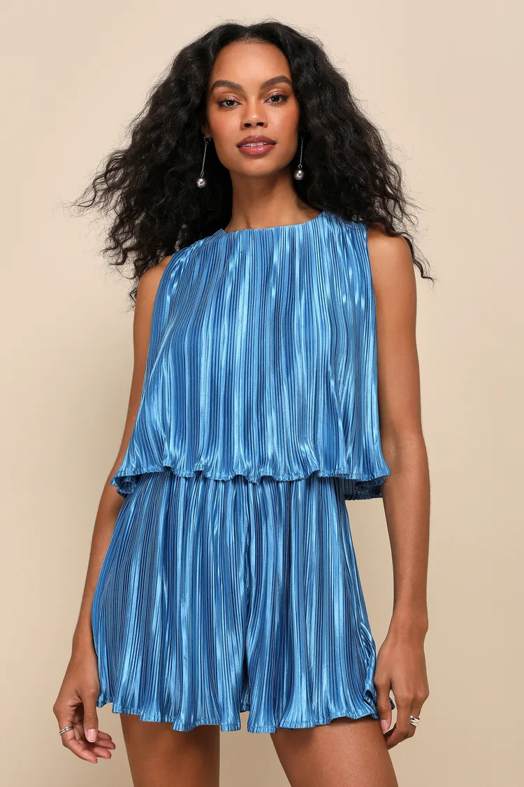 Chic Lavishness Blue Satin Plisse Sleeveless Romper | Lulus