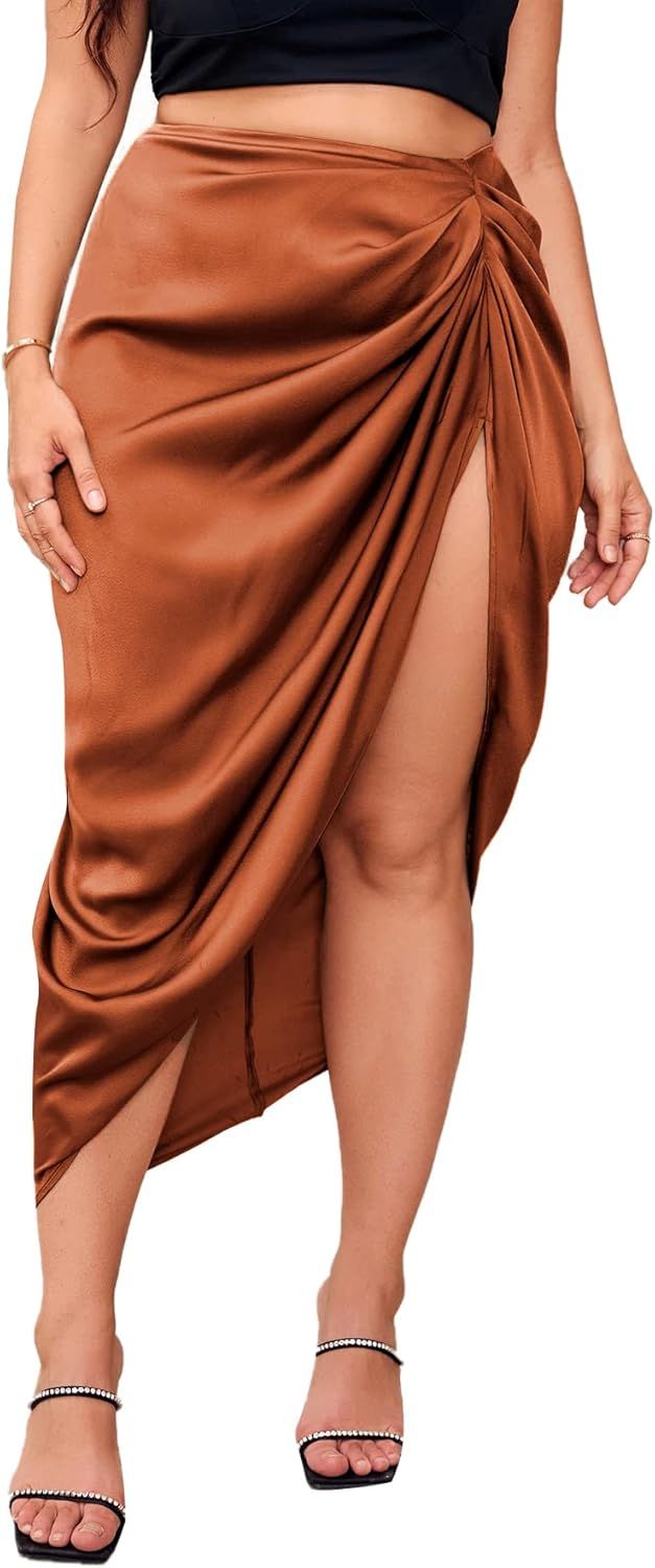 SheIn Women's Plus Asymmetrical Side Split High Waist Midi Ruched Satin Skirt | Amazon (US)