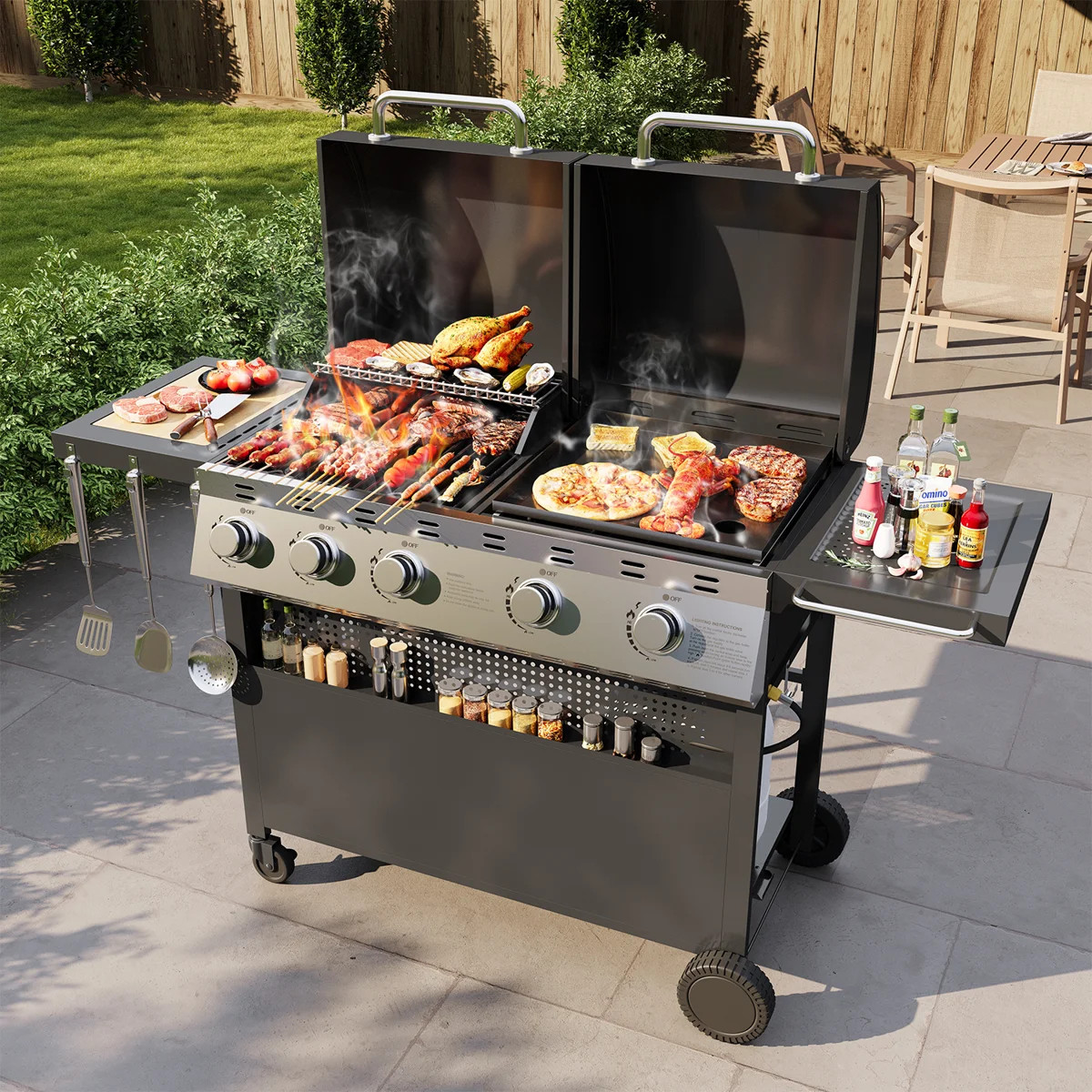 54000 BTU 2-in-1 outdoor BBQ grill, 5-Burner Propane Grill Griddle Combo, Featuring porcelain-ena... | Wayfair North America