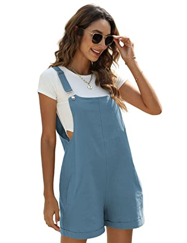 EsheSy Women's Linen Short Overalls Casual Summer Shorts Jumpsuit Rompers with Pockets(Blue-L) | Amazon (US)