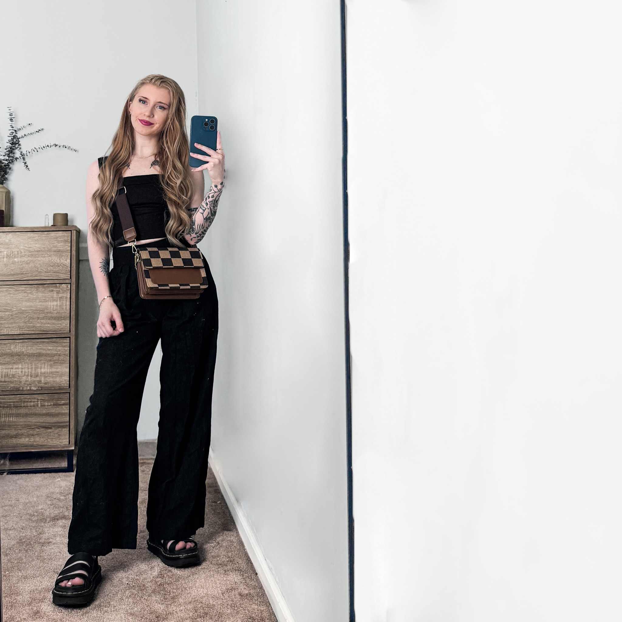 truly obsessed with this linen set I got on clearance at #abercrombie paired with a checkered purse I was gifted and my fav dr marten sandals, that’s all 🤭🤎✨ #springoutfit #transitionaloutfit #checkerboard #checkeredpurse #drmartens #linen 

#LTKStyleTip #LTKSaleAlert #LTKItBag