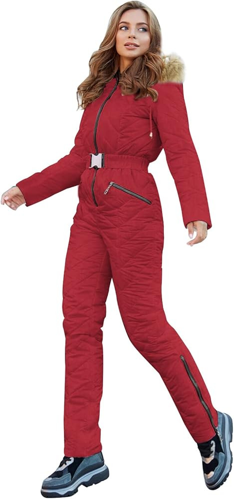 Yousify Womens Winter Ski Suit One Piece Hooded Fur Collar Ski Jumpsuit Snowsuit Outdoor Sports C... | Amazon (US)