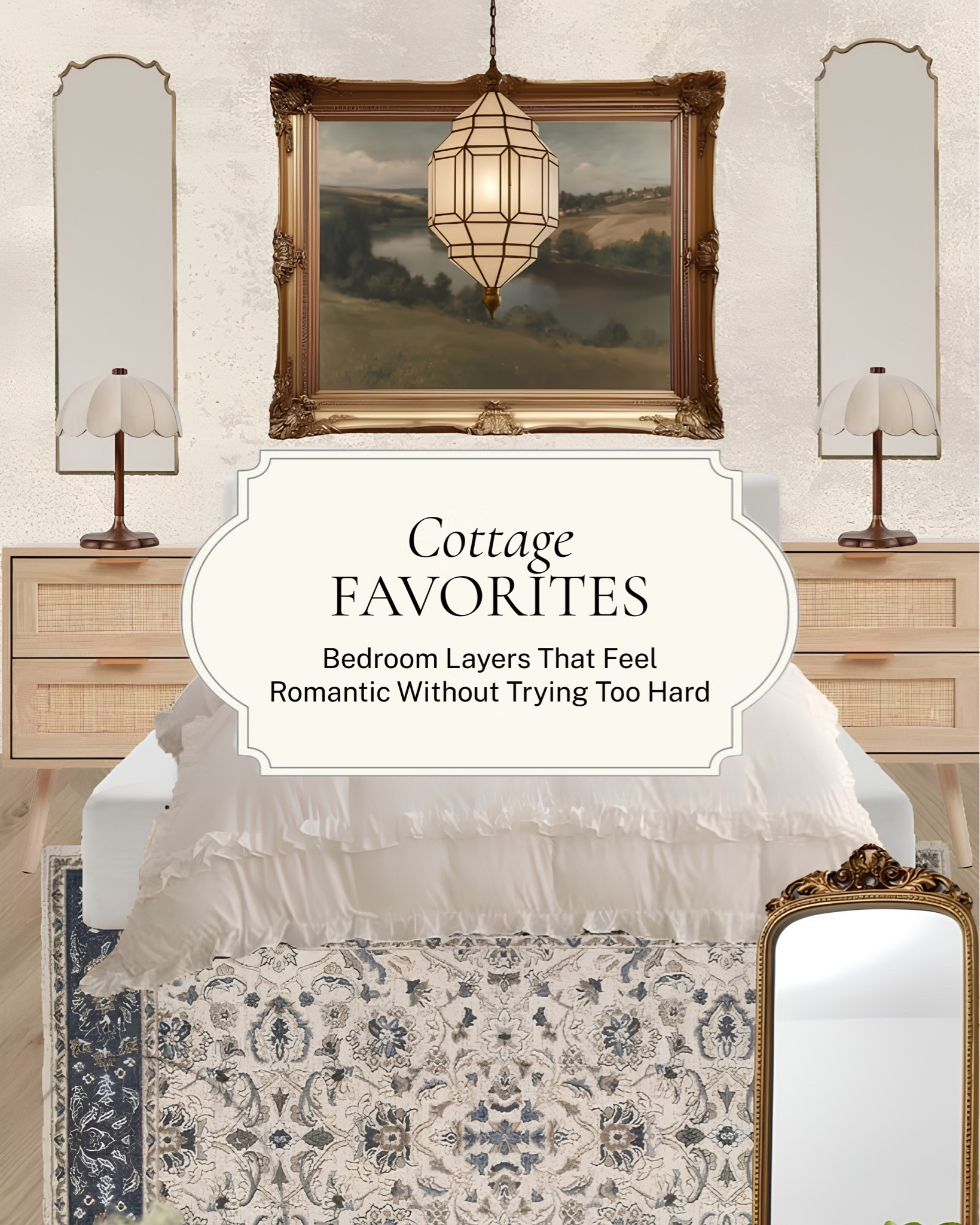 Bedroom layers that feel romantic without trying too hard. 

Arched mirrors, scalloped lamps, a landscape print grounding the wall above the bed, and a floral rug that carries the softness all the way to the floor. Nothing matchy, everything working together.

All linked here 🤍 #LTKhome