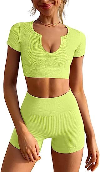 LNSK Women's Workout Outfits Seamless Ribbed Running Yoga Two Piece Crop Top Gym High Waist Sport... | Amazon (US)