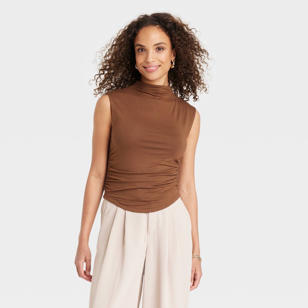 Women's Short Sleeve Side Ruched T-Shirt - A New Day™ Brown M | Target