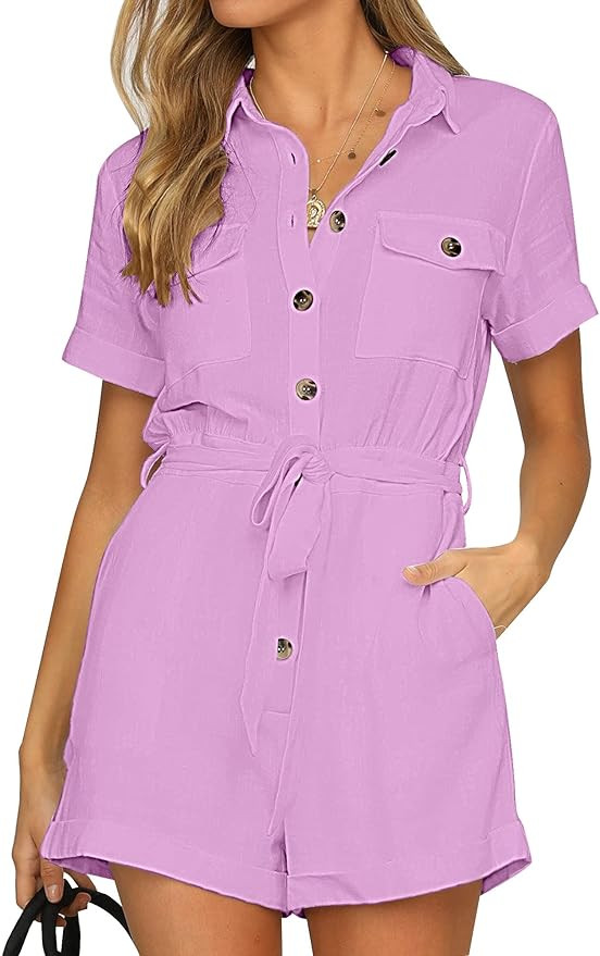 GRAPENT Women's Summer Short Sleeve Button Down Pockets Belted Jumpsuits Rompers | Amazon (US)