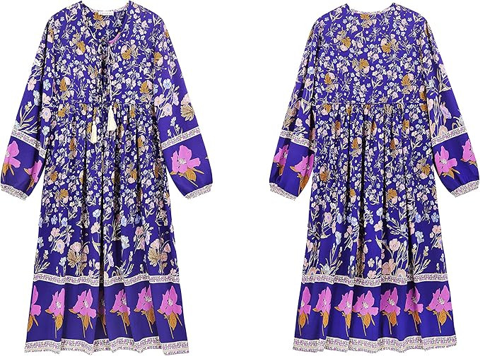 R.Vivimos Women's Long Sleeve Floral Print Retro V Neck Tassel Bohemian Midi Dresses | Amazon (US)