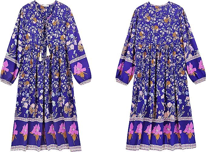 R.Vivimos Women's Long Sleeve Floral Print Retro V Neck Tassel Bohemian Midi Dresses | Amazon (US)