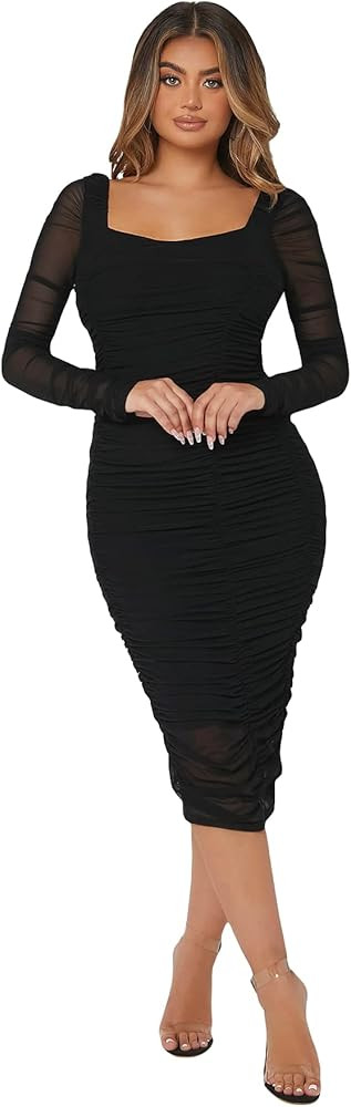 WDIRARA Women's Printed Drawstring Side Round Neck Marble Long Sleeve Bodycon Mini Dress | Amazon (US)