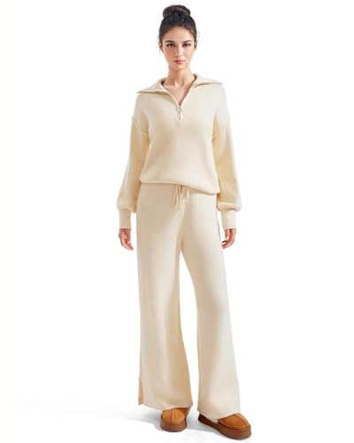 SUUKSESS Women 2 Piece Lounge Sets Oversized Quarter Zip Pullover Wide Leg Pants | Amazon (US)