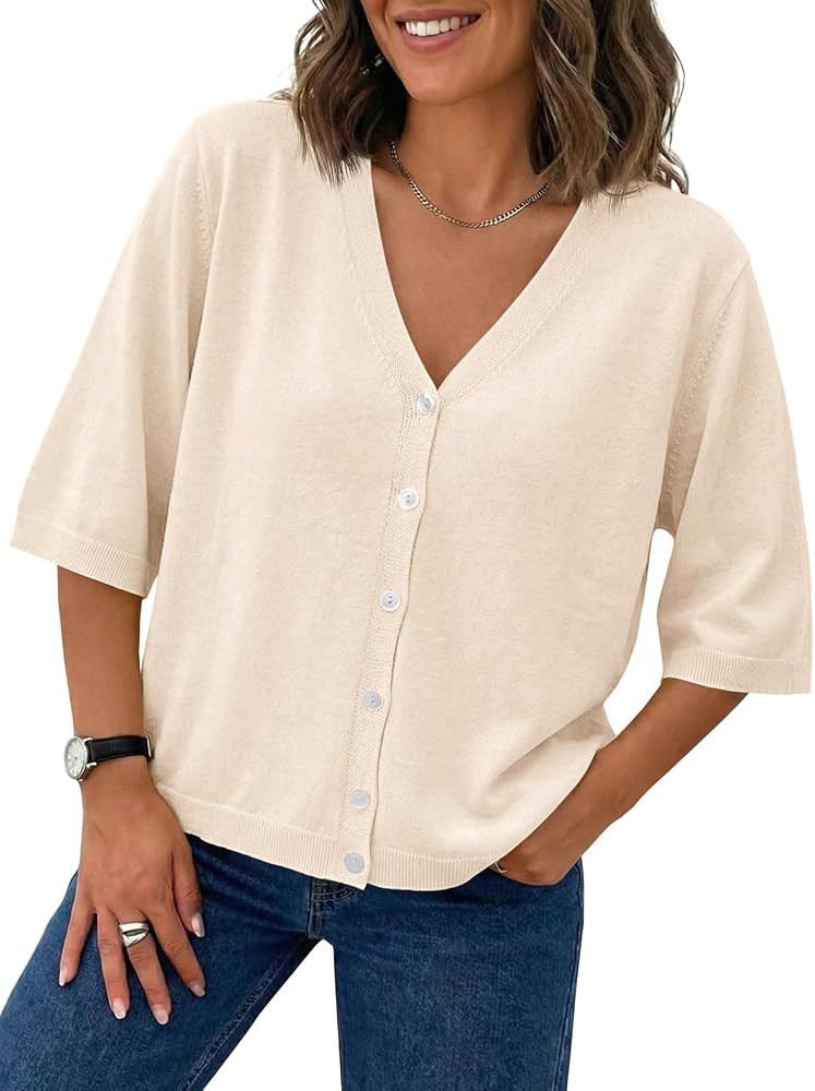 Saodimallsu Womens Half Short Sleeve Cardigans Lightweight V Neck Sweater | Amazon (US)