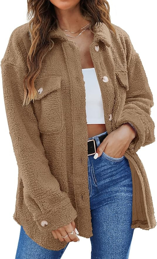TECREW Women's Winter Sherpa Fleece Jacket Button Down Fuzzy Shacket Outwear Coat with Pockets | Amazon (US)