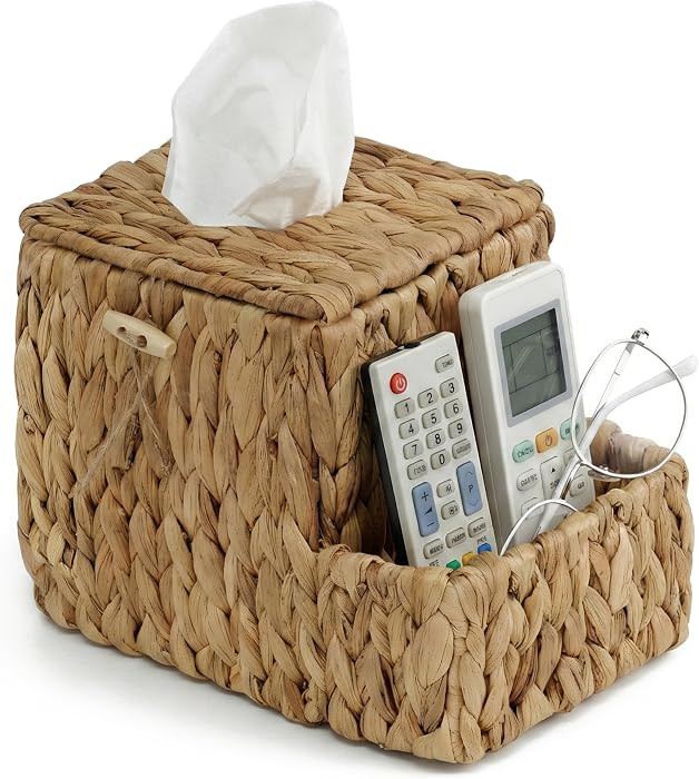 Demigo Water Hyacinth Tissue Box Cover with Side Organizer, Handwoven Wicker Napkin Box Holder wi... | Amazon (US)