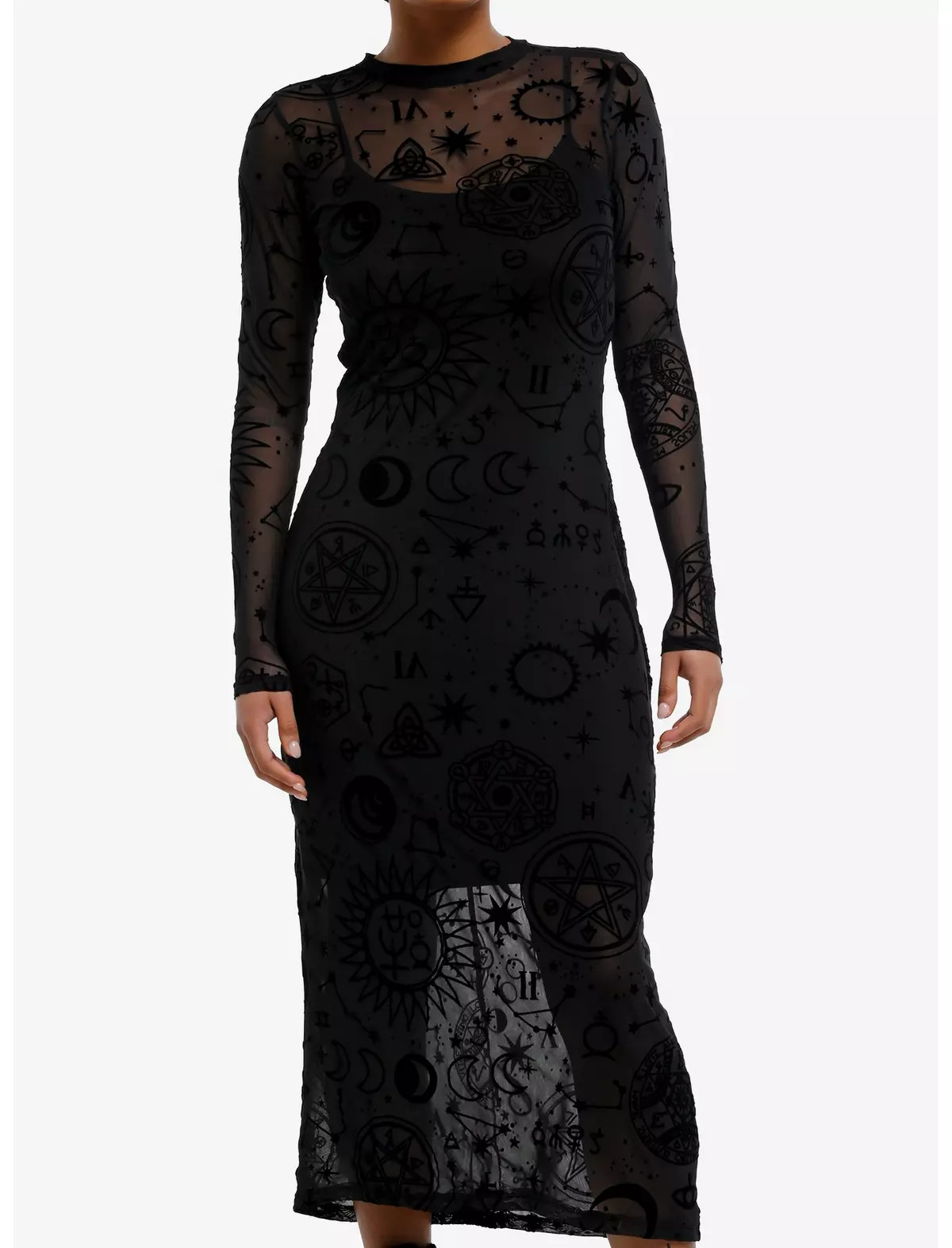 Cosmic Aura Black Celestial Flocked Mesh Maxi Dress | Hot Topic