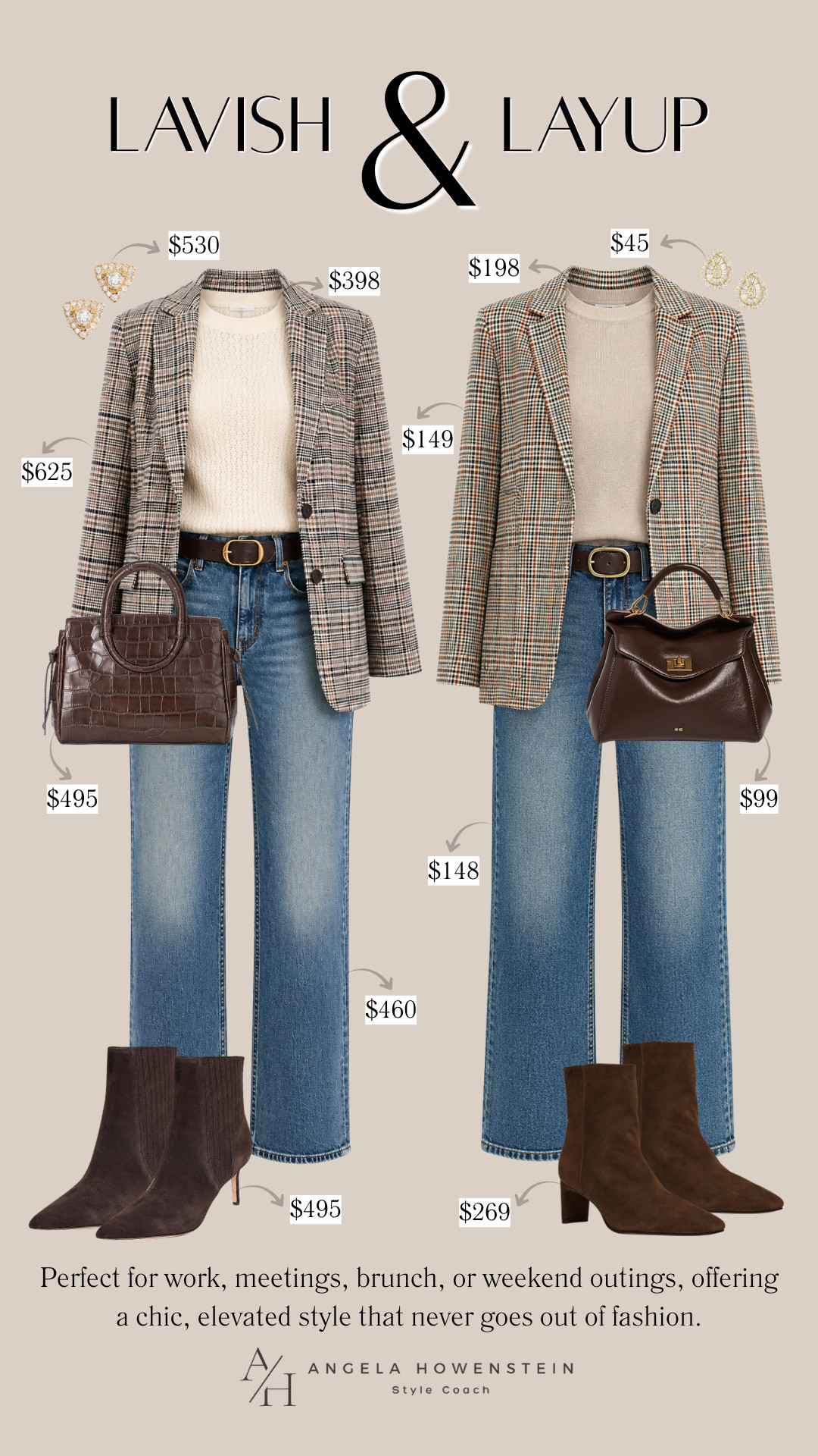 A plaid blazer, cozy knit sweater, straight-leg denim, and suede ankle boots are the definition of timeless fall style. Whether you're investing in elevated designer pieces or choosing budget-friendly alternatives, the overall look feels just as polished. It's proof that building a classic wardrobe is all about choosing versatile staples you'll wear season after season—not how much you spend.

👩‍💻 LTK PRO TIPS
❤️ Heart = Support my posts ;-)
🔖 Save = Compare your favorite looks before you shop.
📋 Lists = Organize your favorites by budget.
📲 Share = Send this to a friend who loves a great fashion find.
💬 Comment = Are you choosing Lavish or Layup? 

 #LTKootd #LTKSeasonal #LTKOver40