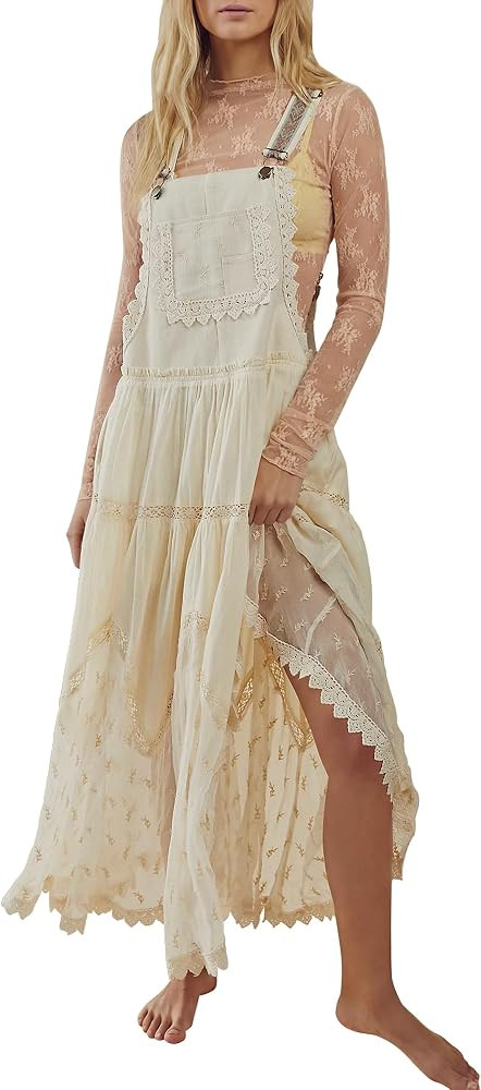 Gacaky Summer Dress for Women Casual Floral Embroidered Bohemian Dress Adjustable Straps Bib Maxi... | Amazon (US)