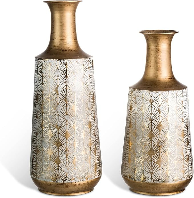 Floor Metal Vase Decorative Vintage Gold/White Metal Vase Set of 2 Rustic Distressed Finish Large... | Amazon (US)