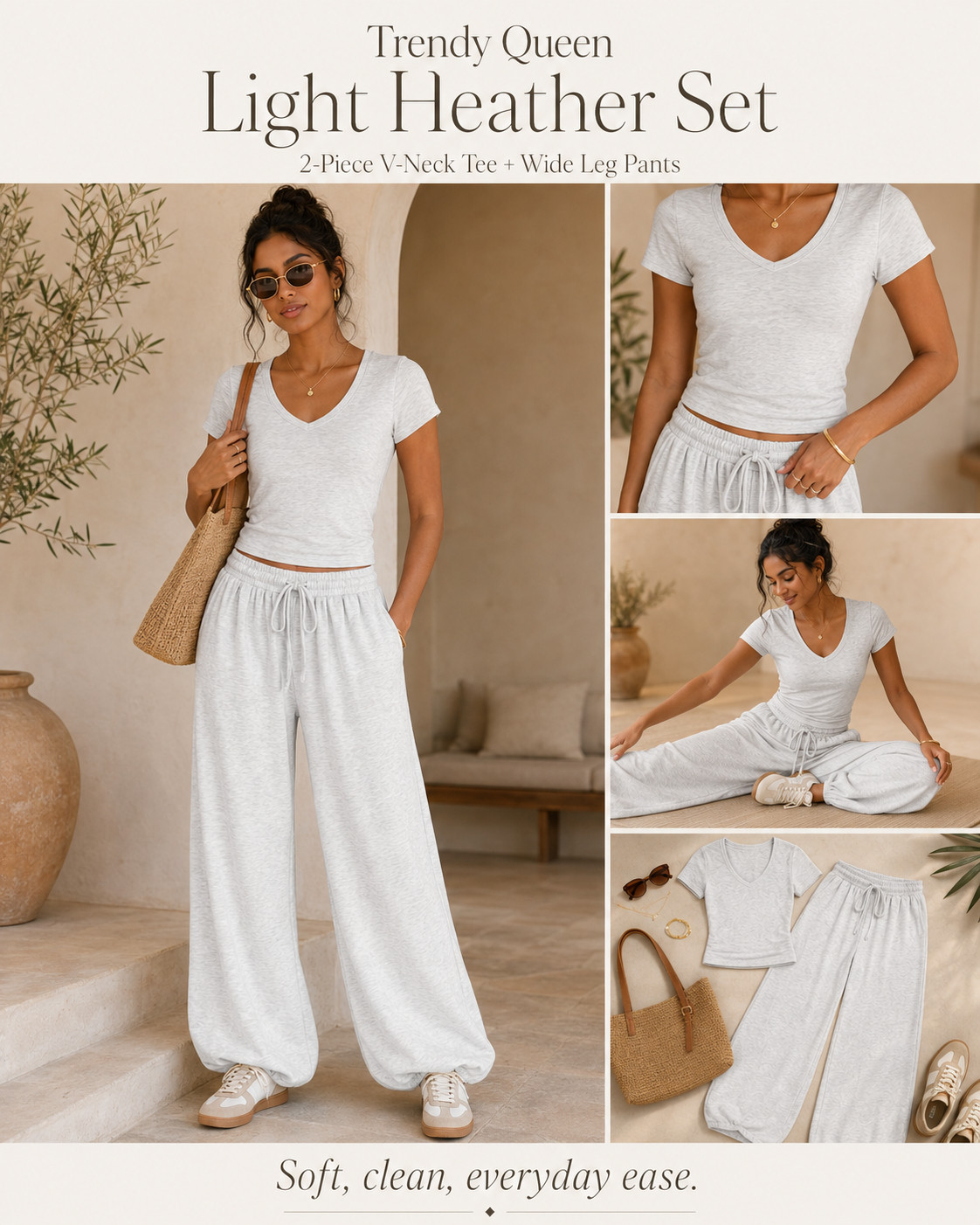 The Trendy Queen light heather gray matching set that makes everyday comfort look clean, polished, and effortlessly expensive. 🤍✨

This Trendy Queen 2-piece V-neck tee and wide-leg pants set is the easy Amazon outfit you’ll reach for whenever you want maximum comfort without looking underdressed. 

The fitted V-neck top creates a flattering, streamlined shape, while the high-waisted drawstring pants have a relaxed wide-leg silhouette that drapes beautifully and gives you plenty of room to move.

The light heather gray color feels fresh, versatile, and perfect for creating that elevated monochromatic look. 

Style it with neutral sneakers, gold jewelry, sunglasses, and a woven tote for an effortless travel outfit, coffee-run look, or casual weekend uniform. 

Add a denim jacket, cardigan, or blazer when you need an extra layer.

Perfect for airport outfits, road trips, errands, school drop-off, working from home, lounging, casual vacations, and everyday athleisure. 

Wear both pieces together for a completely coordinated outfit, then mix the V-neck tee and wide-leg pants separately with tanks, denim, sweaters, and other wardrobe basics.

This is the comfortable Trendy Queen matching set that solves the “what do I wear?” problem in seconds—and the light heather shade will work through every season.

📌 SAVE this soft, clean everyday set before your size sells out!

Everything is linked! ↓

#LTKActive #LTKSaleAlert #LTKTravel