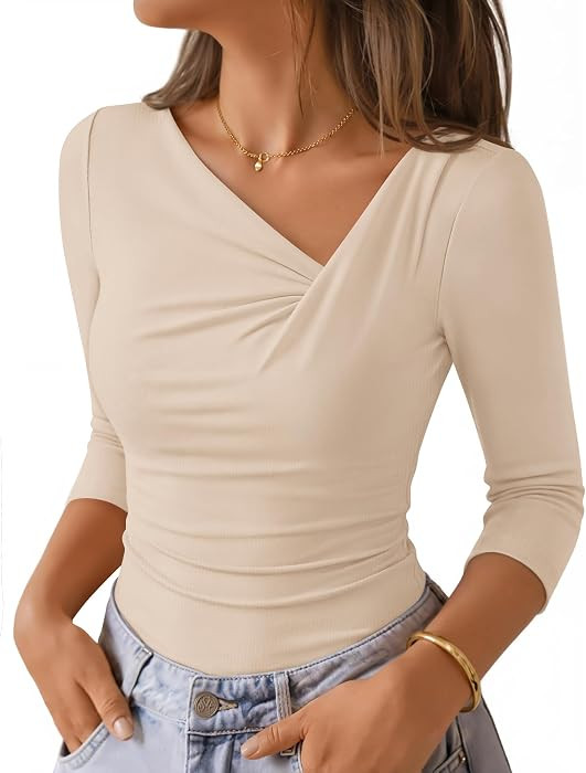 ZESICA Womens 3/4 Sleeve Asymmetrical Fall Shirts Ruched Going Out Tops | Amazon (US)