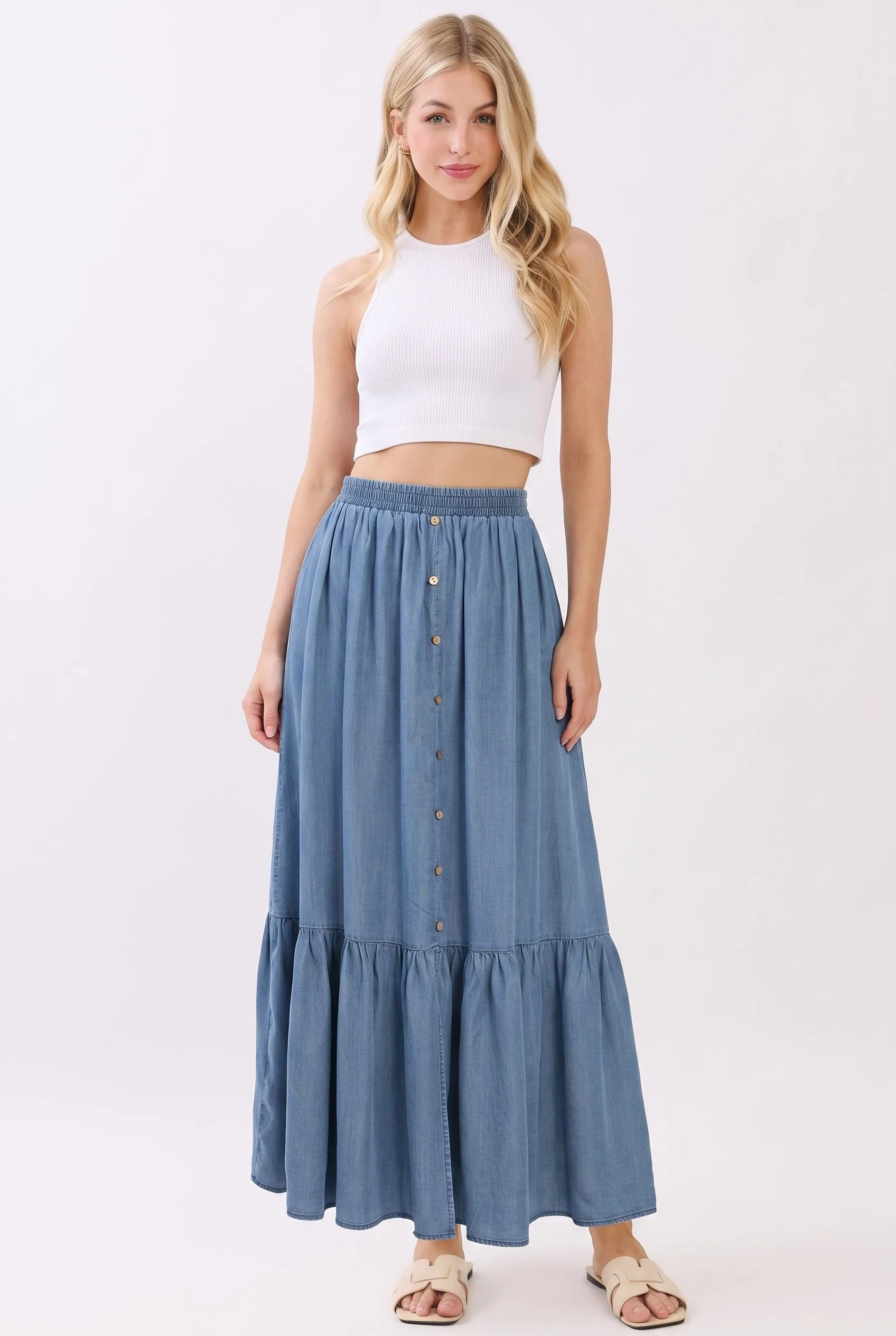 Denim Chambray Medium Wash Tiered Maxi Skirt - Large | PinkBlush Maternity
