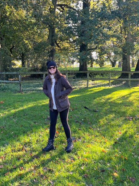 Autumnal countryside walks and dressed for the occasion in a Barbour wax-jacket, long turtle neck knitted jumper, black leggings and walking boots

#LTKtravel #LTKstyletip #LTKSeasonal