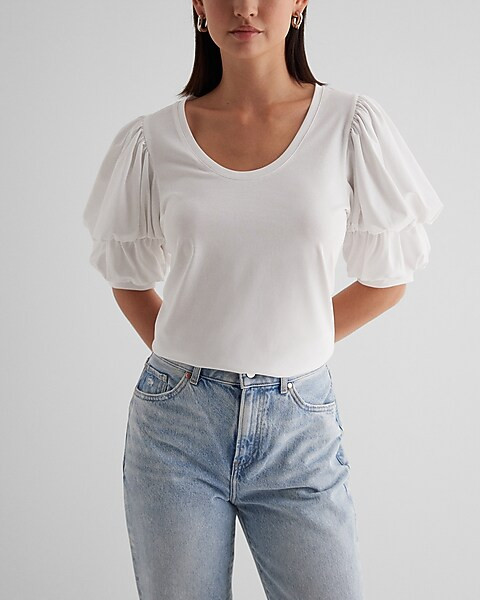 Skimming Scoop Neck Puff Sleeve Tee | Express