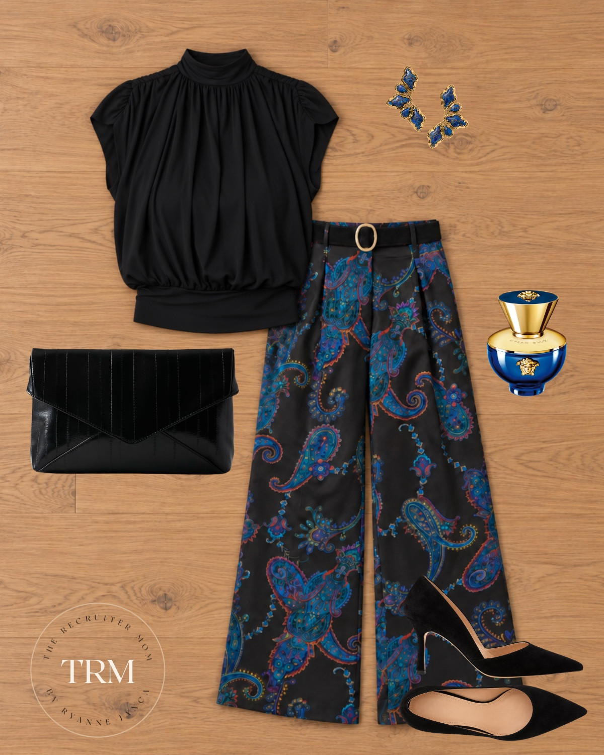 Black mock neck top + paisley wide-leg pants 💙 The prettiest jewel-toned print for date night or holiday parties! Black velvet pumps and a sleek clutch keep it so chic ✨

Sizing: Top | Pants | Heels 

 #LTKover40 #LTKstyletip #LTKmidsize #LTKHoliday