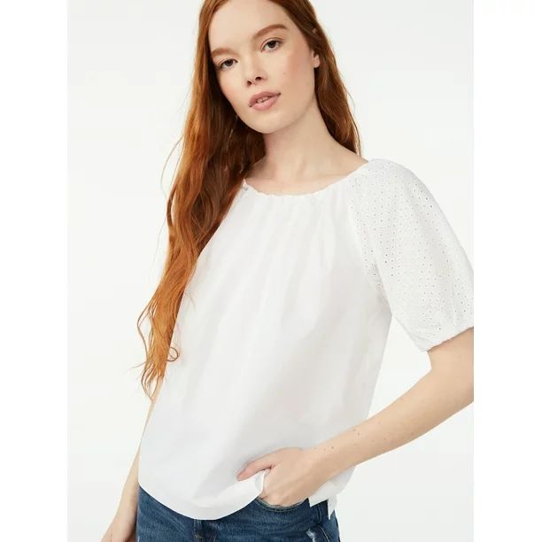 Free Assembly Women's Pleated Blouson Top with Short Sleeves - Walmart.com | Walmart (US)