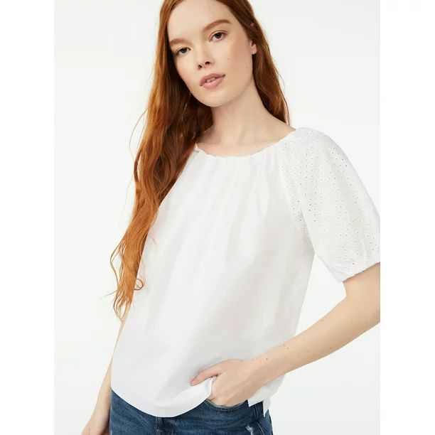 Free Assembly Women's Pleated Blouson Top with Short Sleeves - Walmart.com | Walmart (US)