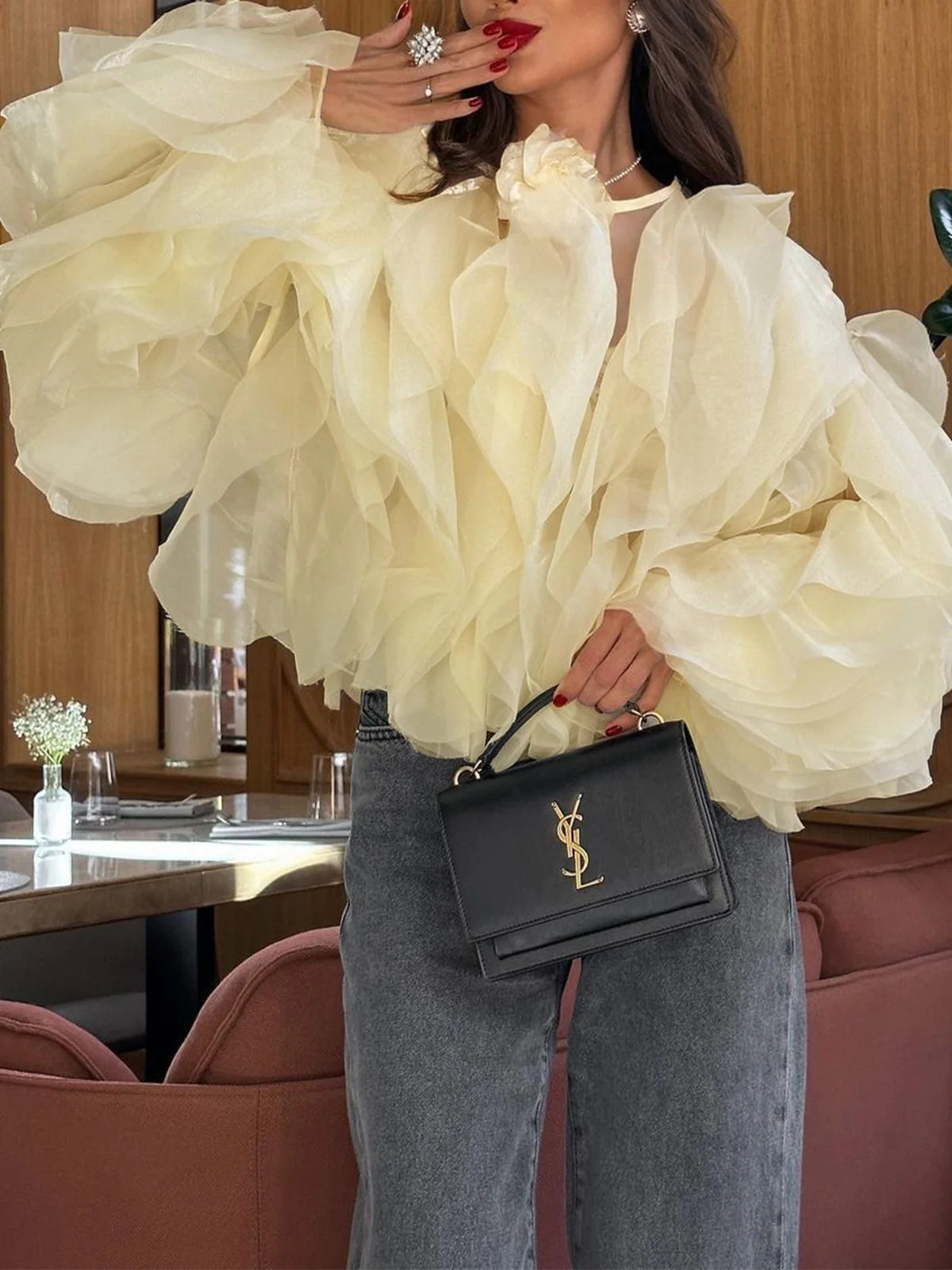Semi-sheer Chiffon Ruffled Crew Neck Blouse | Commense