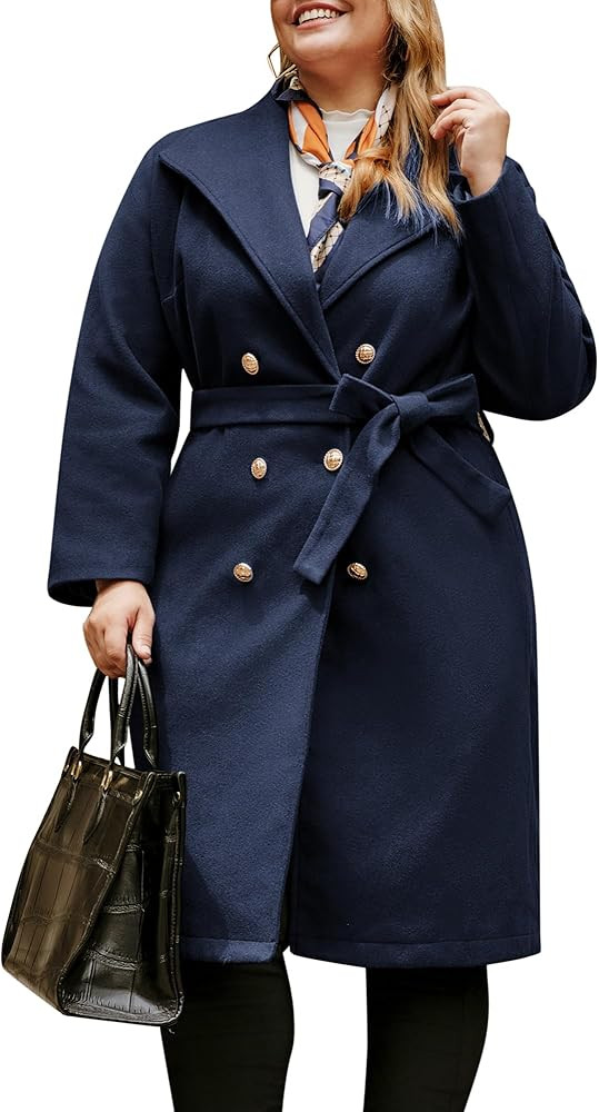 Hanna Nikole Women's Plus Size Winter Wool Coat Double Breasted Peacoats with Belt Notch Lapel Mi... | Amazon (US)