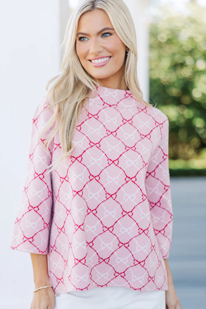 Just A Feeling Pink Bow Print Mock Neck Sweater | The Mint Julep Boutique
